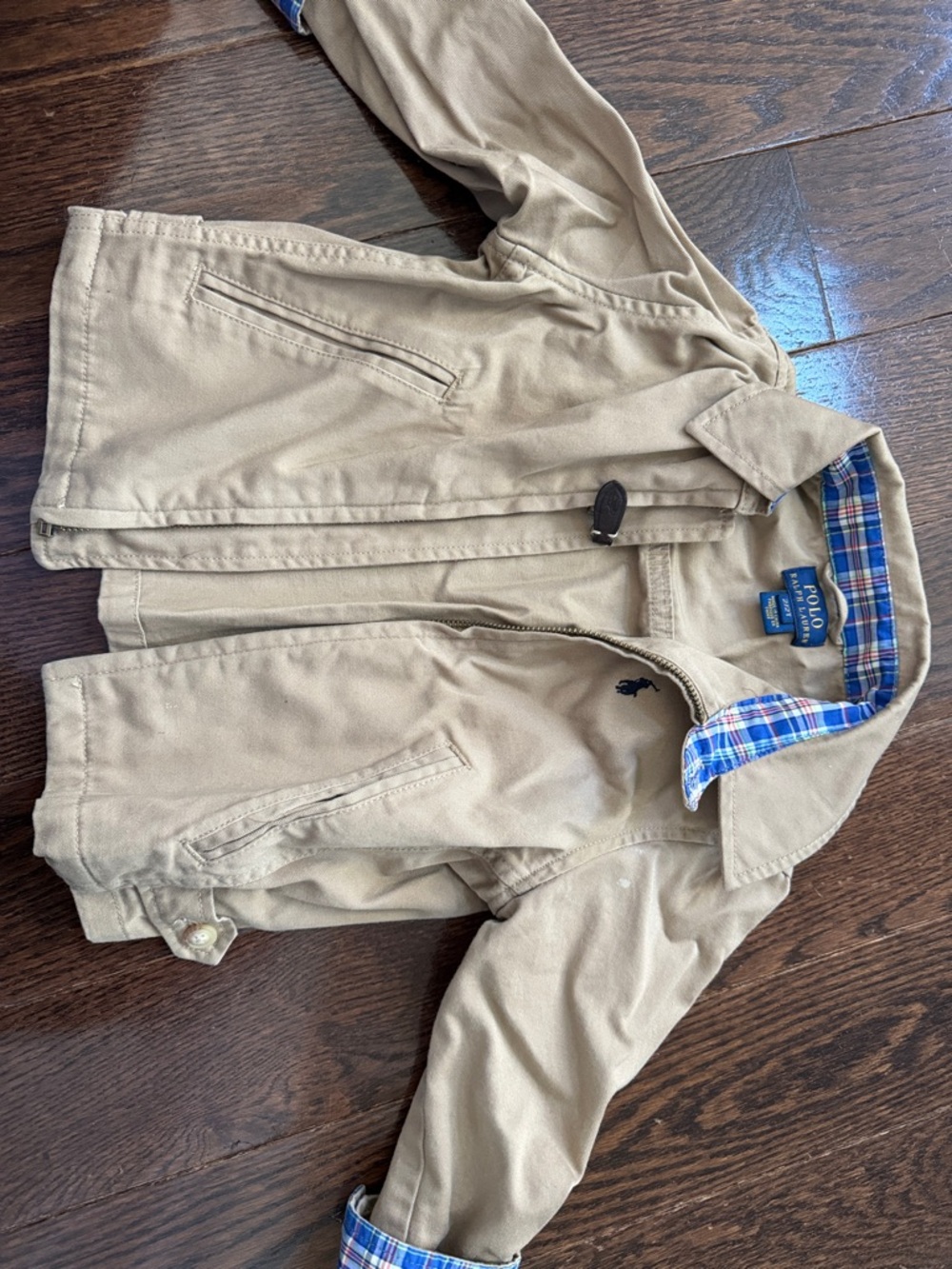Polo by Ralph Lauren Boys Tan Jean Jacket with Blue Plaid Lining